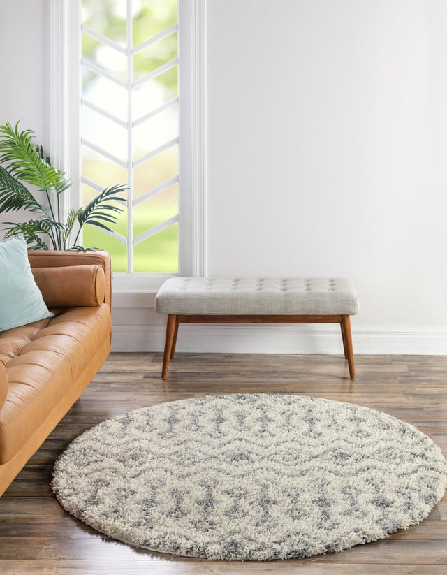 Ivory 10' x 10' Moroccan Trellis Shag Round Area Rug Thick Soft Touch Fluffy & Plush Shaggy Pile 100% Polypropylene Geometric Traditional Carpet for Sale at Rug Engine