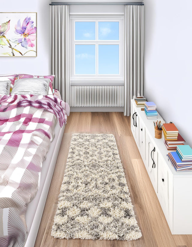 Ivory 2' 7 x 10' Moroccan Trellis Shag Runner Area Rug Thick Soft Touch Fluffy & Plush Shaggy Pile 100% Polypropylene Geometric Traditional Carpet for Sale at Rug Engine