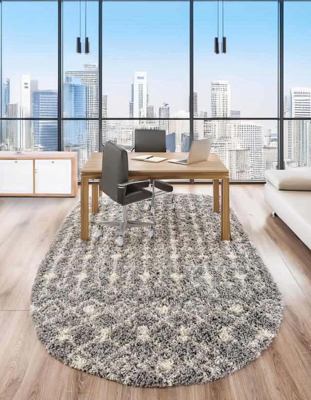 Gray 7' 10 x 10' Moroccan Trellis Shag Oval Area Rug Thick Soft Touch Fluffy & Plush Shaggy Pile 100% Polypropylene Geometric Traditional Carpet for Sale at Rug Engine