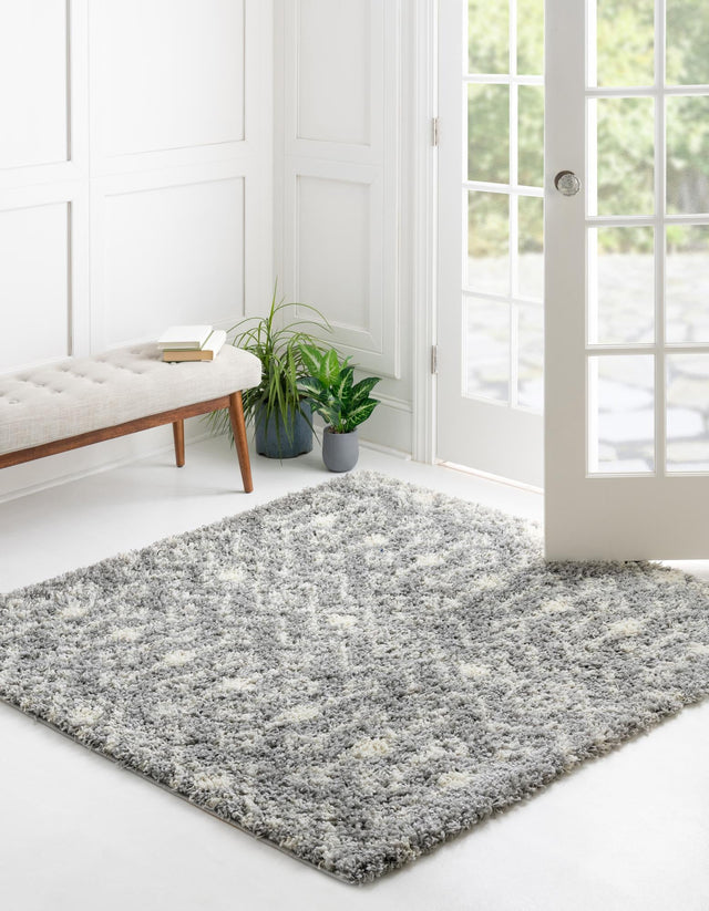 Gray 3' 1 x 3' 1 Moroccan Trellis Shag Square Area Rug Thick Soft Touch Fluffy & Plush Shaggy Pile 100% Polypropylene Geometric Traditional Carpet for Sale at Rug Engine
