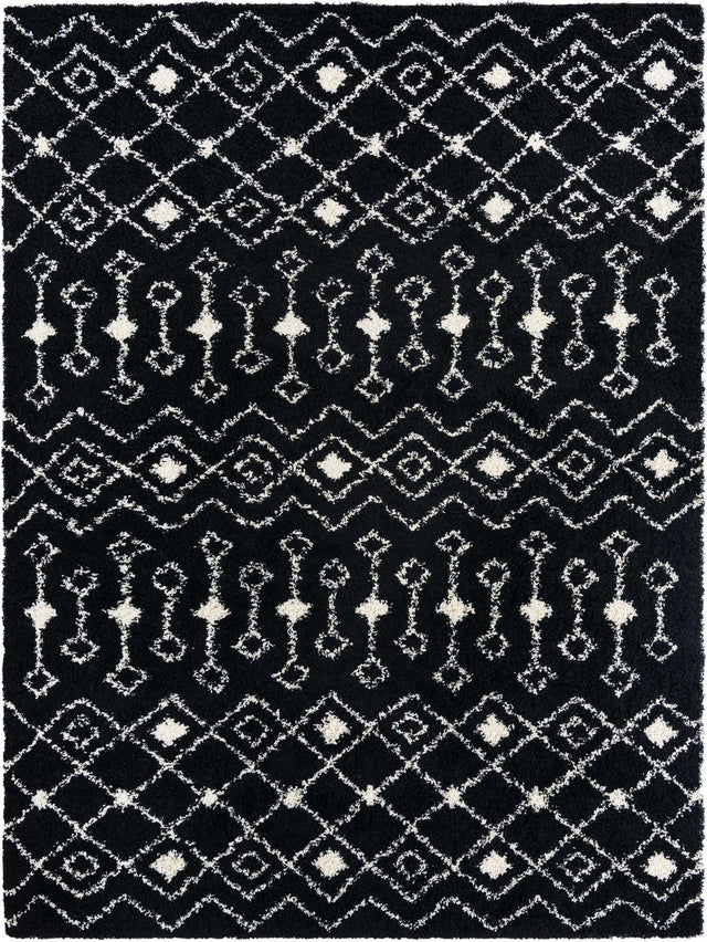 Black and White 9' x 12' Moroccan Trellis Shag Rectangle Area Rug Thick Soft Touch Fluffy & Plush Shaggy Pile 100% Polypropylene Geometric Traditional Carpet for Sale at Rug Engine