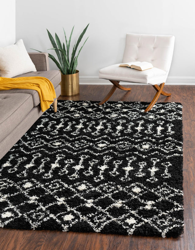 Black and White 4' 1 x 6' 1 Moroccan Trellis Shag Rectangle Area Rug Thick Soft Touch Fluffy & Plush Shaggy Pile 100% Polypropylene Geometric Traditional Carpet for Sale at Rug Engine
