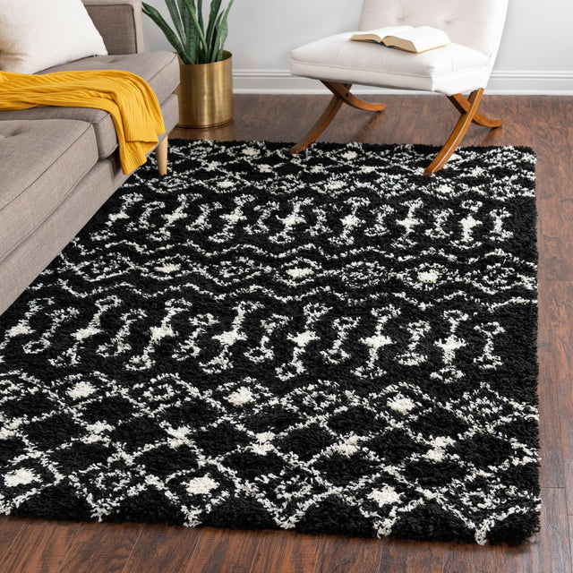 Black and White 5' 3 x 8' Moroccan Trellis Shag Rectangle Area Rug Thick Soft Touch Fluffy & Plush Shaggy Pile 100% Polypropylene Geometric Traditional Carpet for Sale at Rug Engine