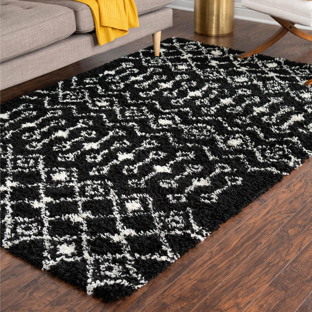 Black and White 5' 3 x 8' Moroccan Trellis Shag Rectangle Area Rug Thick Soft Touch Fluffy & Plush Shaggy Pile 100% Polypropylene Geometric Traditional Carpet for Sale at Rug Engine