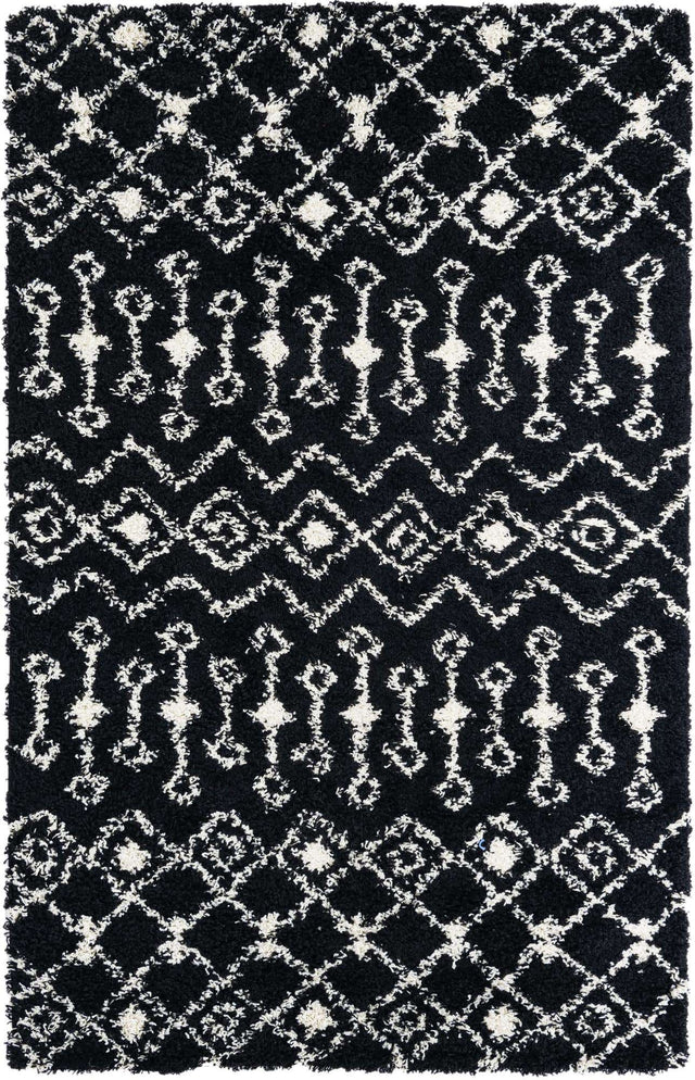 Black and White 5' 3 x 8' Moroccan Trellis Shag Rectangle Area Rug Thick Soft Touch Fluffy & Plush Shaggy Pile 100% Polypropylene Geometric Traditional Carpet for Sale at Rug Engine