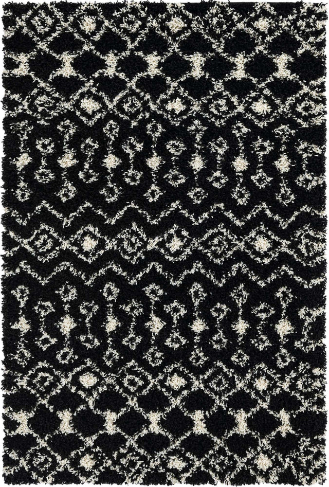 Black and White 4' 1 x 6' 1 Moroccan Trellis Shag Rectangle Area Rug Thick Soft Touch Fluffy & Plush Shaggy Pile 100% Polypropylene Geometric Traditional Carpet for Sale at Rug Engine