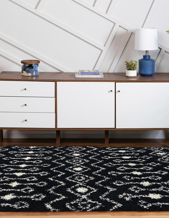 Black and White 7' 10 x 10' Moroccan Trellis Shag Oval Area Rug Thick Soft Touch Fluffy & Plush Shaggy Pile 100% Polypropylene Geometric Traditional Carpet for Sale at Rug Engine