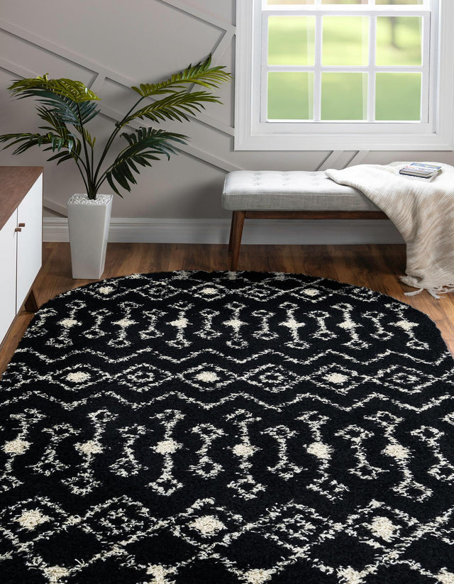 Black and White 5' 3 x 8' Moroccan Trellis Shag Oval Area Rug Thick Soft Touch Fluffy & Plush Shaggy Pile 100% Polypropylene Geometric Traditional Carpet for Sale at Rug Engine