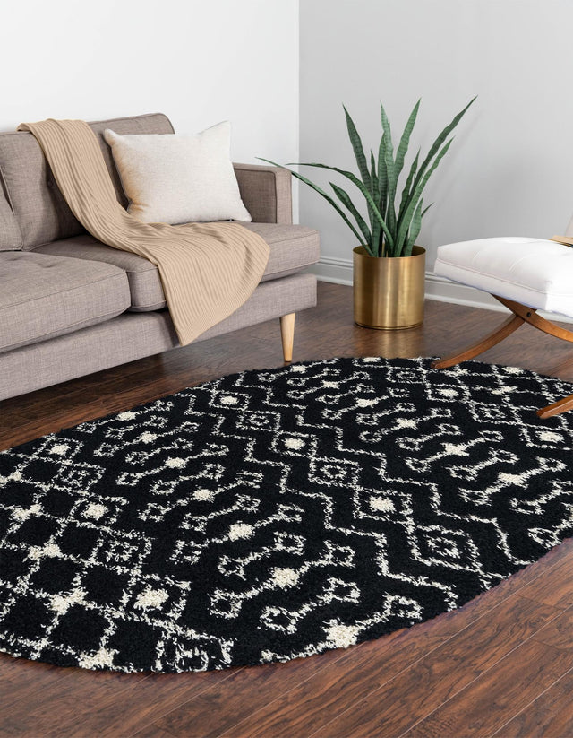 Black and White 5' 3 x 8' Moroccan Trellis Shag Oval Area Rug Thick Soft Touch Fluffy & Plush Shaggy Pile 100% Polypropylene Geometric Traditional Carpet for Sale at Rug Engine