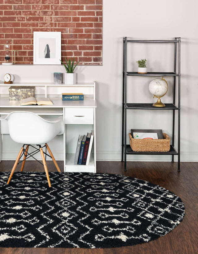 Black and White 4' 1 x 6' 1 Moroccan Trellis Shag Oval Area Rug Thick Soft Touch Fluffy & Plush Shaggy Pile 100% Polypropylene Geometric Traditional Carpet for Sale at Rug Engine