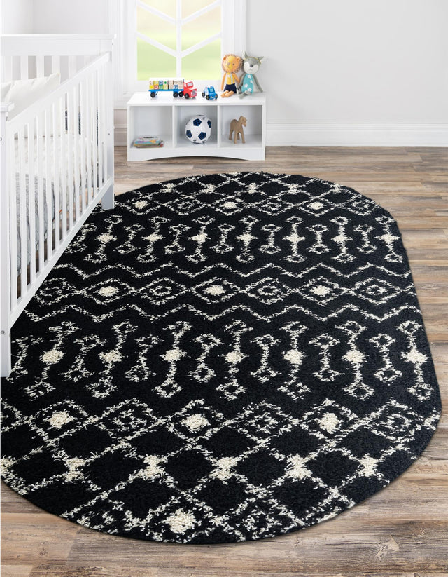 Black and White 4' 1 x 6' 1 Moroccan Trellis Shag Oval Area Rug Thick Soft Touch Fluffy & Plush Shaggy Pile 100% Polypropylene Geometric Traditional Carpet for Sale at Rug Engine