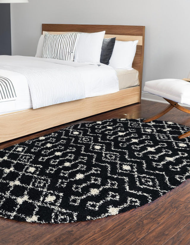 Black and White 5' 3 x 8' Moroccan Trellis Shag Oval Area Rug Thick Soft Touch Fluffy & Plush Shaggy Pile 100% Polypropylene Geometric Traditional Carpet for Sale at Rug Engine