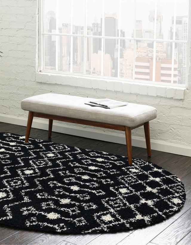 Black and White 5' 3 x 8' Moroccan Trellis Shag Oval Area Rug Thick Soft Touch Fluffy & Plush Shaggy Pile 100% Polypropylene Geometric Traditional Carpet for Sale at Rug Engine