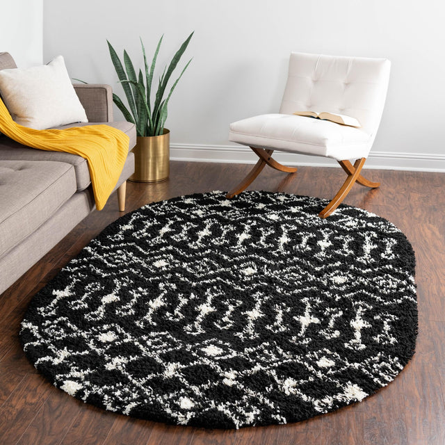 Black and White 7' 10 x 10' Moroccan Trellis Shag Oval Area Rug Thick Soft Touch Fluffy & Plush Shaggy Pile 100% Polypropylene Geometric Traditional Carpet for Sale at Rug Engine