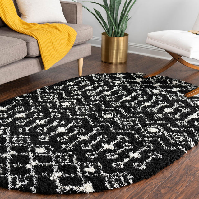 Black and White 7' 10 x 10' Moroccan Trellis Shag Oval Area Rug Thick Soft Touch Fluffy & Plush Shaggy Pile 100% Polypropylene Geometric Traditional Carpet for Sale at Rug Engine