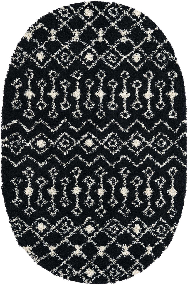 Black and White 5' 3 x 8' Moroccan Trellis Shag Oval Area Rug Thick Soft Touch Fluffy & Plush Shaggy Pile 100% Polypropylene Geometric Traditional Carpet for Sale at Rug Engine