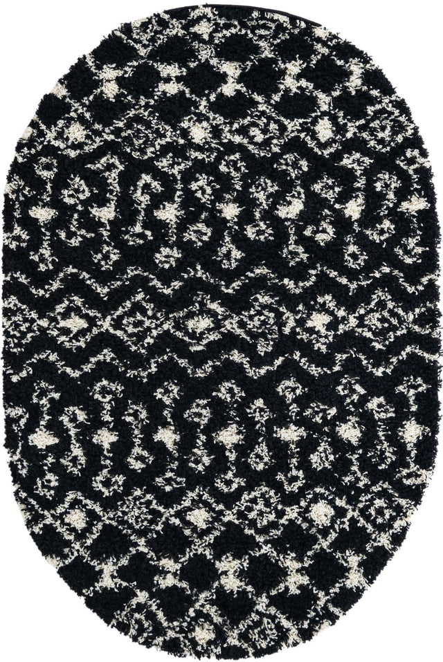 Black and White 4' 1 x 6' 1 Moroccan Trellis Shag Oval Area Rug Thick Soft Touch Fluffy & Plush Shaggy Pile 100% Polypropylene Geometric Traditional Carpet for Sale at Rug Engine