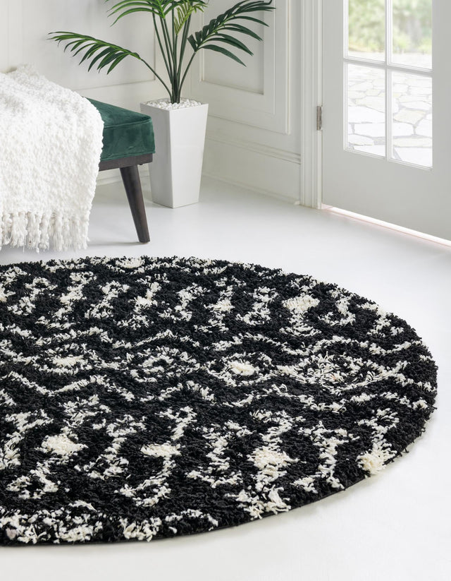 Black and White 3' 1 x 3' 1 Moroccan Trellis Shag Round Area Rug Thick Soft Touch Fluffy & Plush Shaggy Pile 100% Polypropylene Geometric Traditional Carpet for Sale at Rug Engine