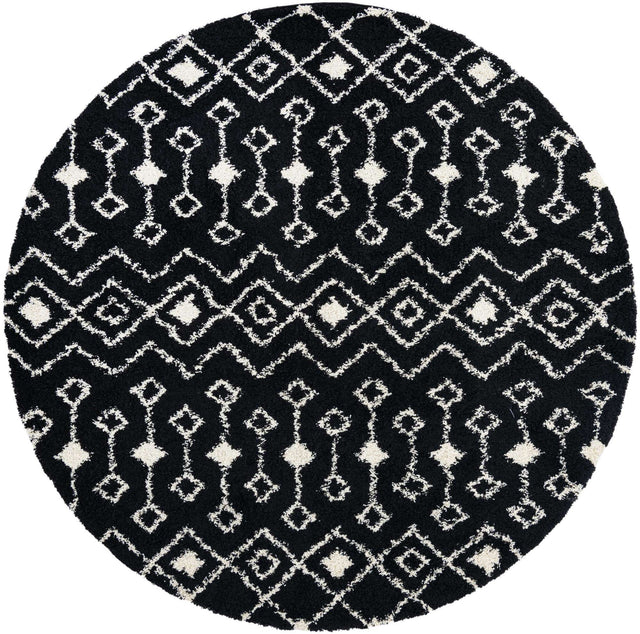 Black and White 10' x 10' Moroccan Trellis Shag Round Area Rug Thick Soft Touch Fluffy & Plush Shaggy Pile 100% Polypropylene Geometric Traditional Carpet for Sale at Rug Engine