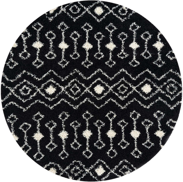 Black and White 7' 10 x 7' 10 Moroccan Trellis Shag Round Area Rug Thick Soft Touch Fluffy & Plush Shaggy Pile 100% Polypropylene Geometric Traditional Carpet for Sale at Rug Engine