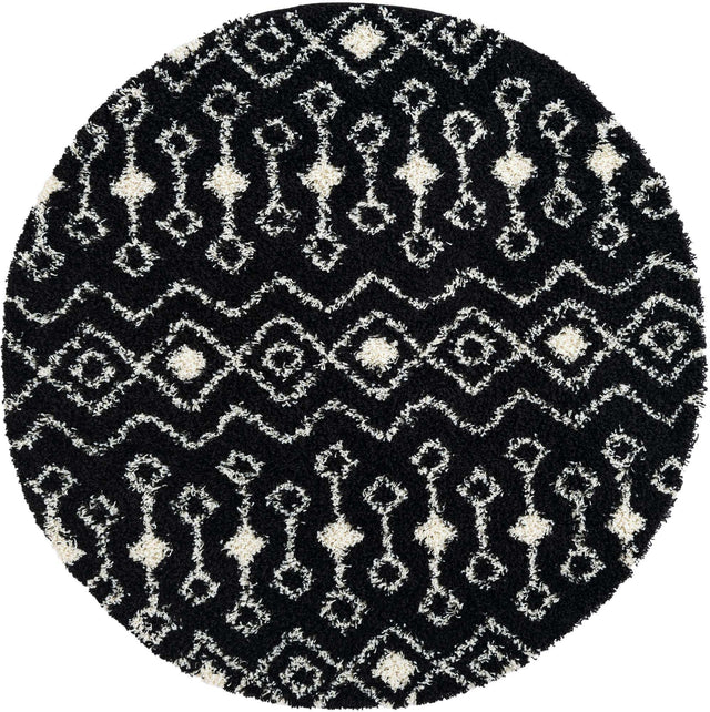 Black and White 6' 1 x 6' 1 Moroccan Trellis Shag Round Area Rug Thick Soft Touch Fluffy & Plush Shaggy Pile 100% Polypropylene Geometric Traditional Carpet for Sale at Rug Engine