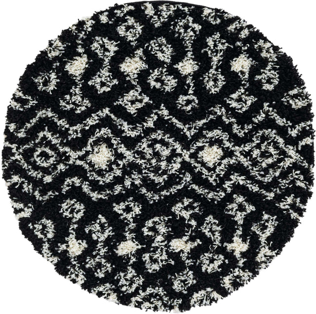 Black and White 3' 1 x 3' 1 Moroccan Trellis Shag Round Area Rug Thick Soft Touch Fluffy & Plush Shaggy Pile 100% Polypropylene Geometric Traditional Carpet for Sale at Rug Engine