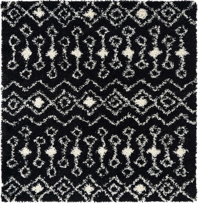 Black and White 6' 1 x 6' 1 Moroccan Trellis Shag Square Area Rug Thick Soft Touch Fluffy & Plush Shaggy Pile 100% Polypropylene Geometric Traditional Carpet for Sale at Rug Engine