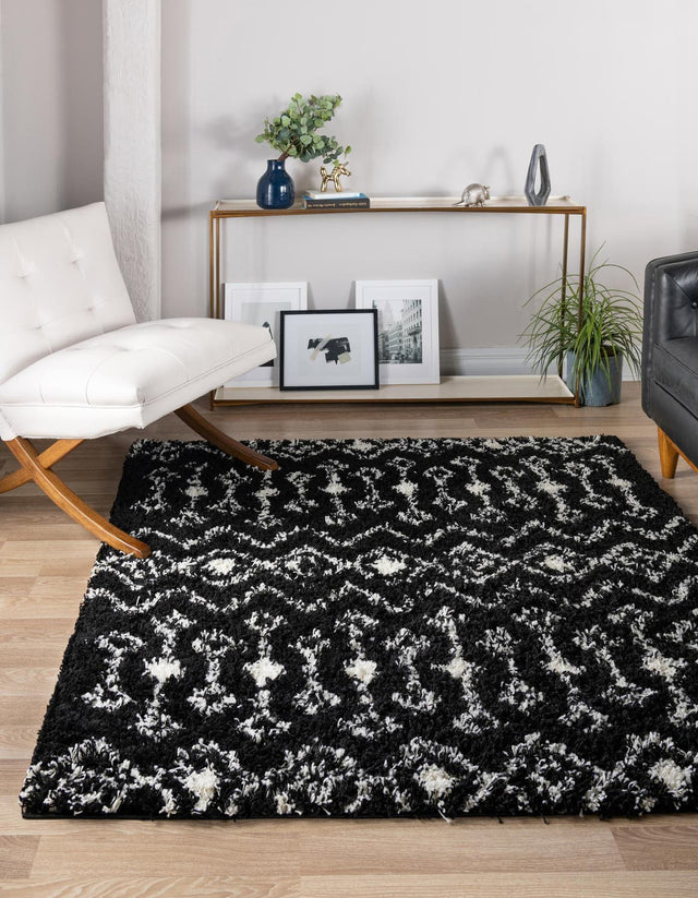 Black and White 7' 10 x 7' 10 Moroccan Trellis Shag Square Area Rug Thick Soft Touch Fluffy & Plush Shaggy Pile 100% Polypropylene Geometric Traditional Carpet for Sale at Rug Engine