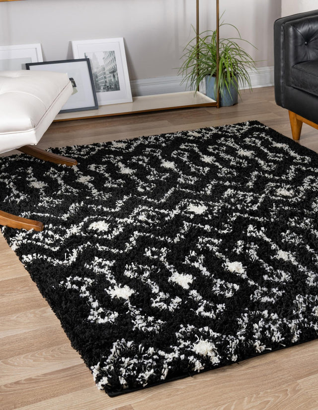 Black and White 4' 1 x 4' 1 Moroccan Trellis Shag Square Area Rug Thick Soft Touch Fluffy & Plush Shaggy Pile 100% Polypropylene Geometric Traditional Carpet for Sale at Rug Engine