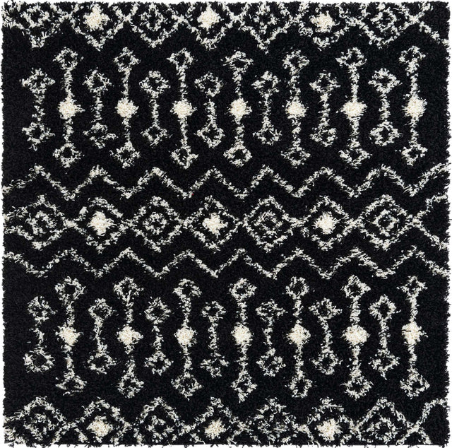 Black and White 5' 3 x 5' 3 Moroccan Trellis Shag Square Area Rug Thick Soft Touch Fluffy & Plush Shaggy Pile 100% Polypropylene Geometric Traditional Carpet for Sale at Rug Engine