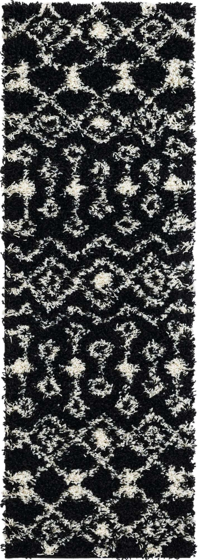 Black and White 2' x 6' 1 Moroccan Trellis Shag Runner Area Rug Thick Soft Touch Fluffy & Plush Shaggy Pile 100% Polypropylene Geometric Traditional Carpet for Sale at Rug Engine