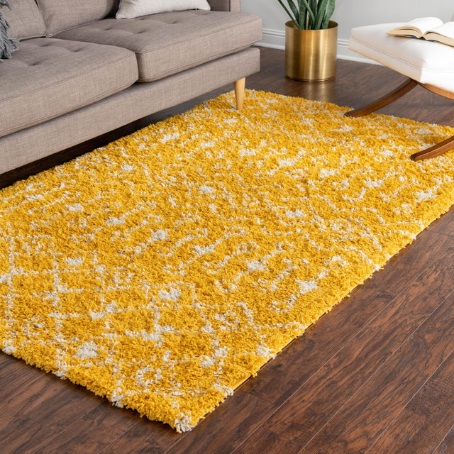 Yellow 9' x 12' Moroccan Trellis Shag Rectangle Area Rug Thick Soft Touch Fluffy & Plush Shaggy Pile 100% Polypropylene Geometric Traditional Carpet for Sale at Rug Engine