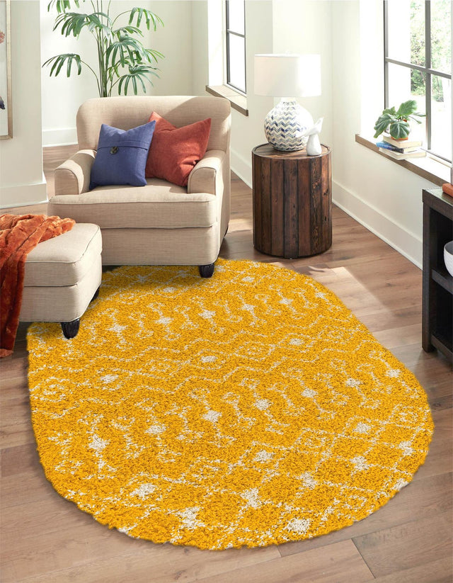 Yellow 7' 10 x 10' Moroccan Trellis Shag Oval Area Rug Thick Soft Touch Fluffy & Plush Shaggy Pile 100% Polypropylene Geometric Traditional Carpet for Sale at Rug Engine
