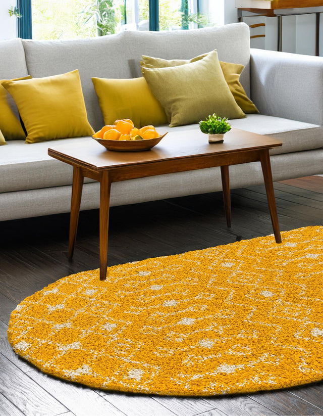 Yellow 5' 3 x 8' Moroccan Trellis Shag Oval Area Rug Thick Soft Touch Fluffy & Plush Shaggy Pile 100% Polypropylene Geometric Traditional Carpet for Sale at Rug Engine