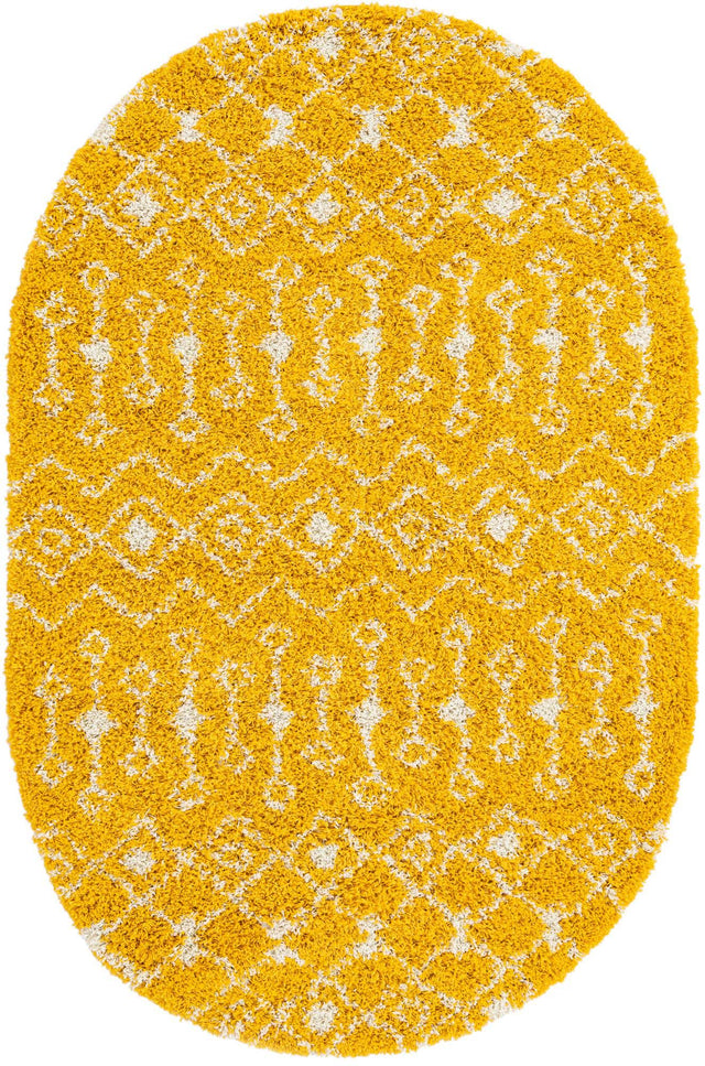 Yellow 5' 3 x 8' Moroccan Trellis Shag Oval Area Rug Thick Soft Touch Fluffy & Plush Shaggy Pile 100% Polypropylene Geometric Traditional Carpet for Sale at Rug Engine