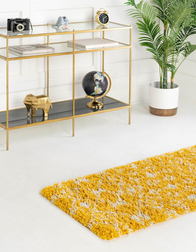 Yellow 2' x 7' 1 Moroccan Trellis Shag Runner Area Rug Thick Soft Touch Fluffy & Plush Shaggy Pile 100% Polypropylene Geometric Traditional Carpet for Sale at Rug Engine