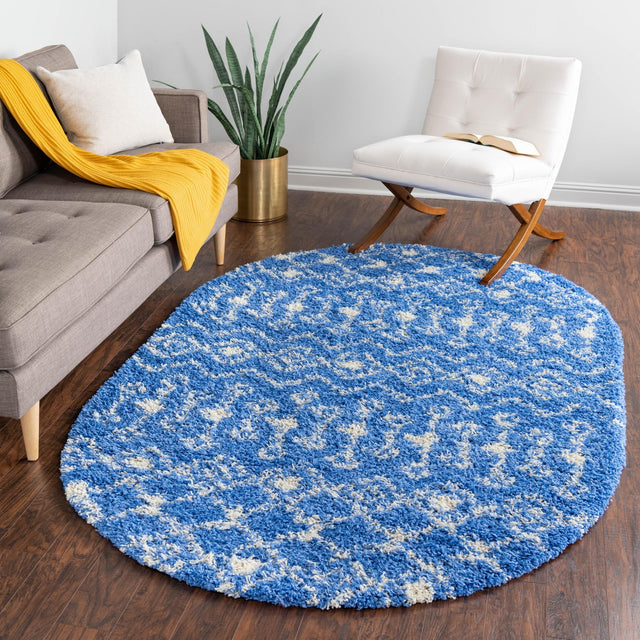 Periwinkle Blue 5' 3 x 8' Moroccan Trellis Shag Oval Area Rug Thick Soft Touch Fluffy & Plush Shaggy Pile 100% Polypropylene Geometric Traditional Carpet for Sale at Rug Engine