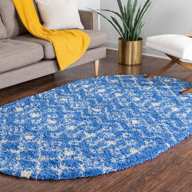 Periwinkle Blue 5' 3 x 8' Moroccan Trellis Shag Oval Area Rug Thick Soft Touch Fluffy & Plush Shaggy Pile 100% Polypropylene Geometric Traditional Carpet for Sale at Rug Engine