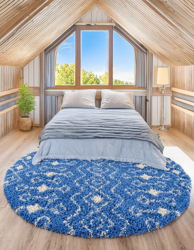 Periwinkle Blue 5' 3 x 5' 3 Moroccan Trellis Shag Round Area Rug Thick Soft Touch Fluffy & Plush Shaggy Pile 100% Polypropylene Geometric Traditional Carpet for Sale at Rug Engine