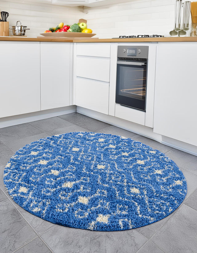 Periwinkle Blue 5' 3 x 5' 3 Moroccan Trellis Shag Round Area Rug Thick Soft Touch Fluffy & Plush Shaggy Pile 100% Polypropylene Geometric Traditional Carpet for Sale at Rug Engine