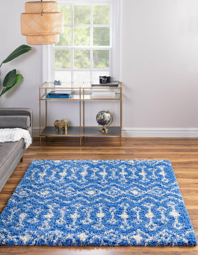 Periwinkle Blue 5' 3 x 5' 3 Moroccan Trellis Shag Square Area Rug Thick Soft Touch Fluffy & Plush Shaggy Pile 100% Polypropylene Geometric Traditional Carpet for Sale at Rug Engine