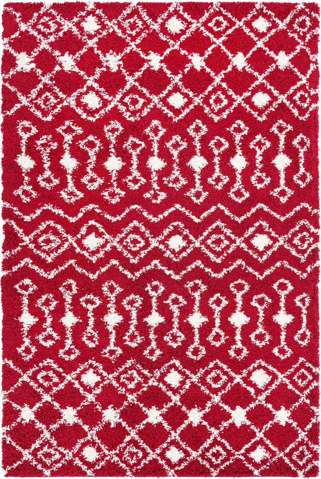 Burgundy Red 6' 1 x 9' Moroccan Trellis Shag Rectangle Area Rug Thick Soft Touch Fluffy & Plush Shaggy Pile 100% Polypropylene Geometric Traditional Carpet for Sale at Rug Engine