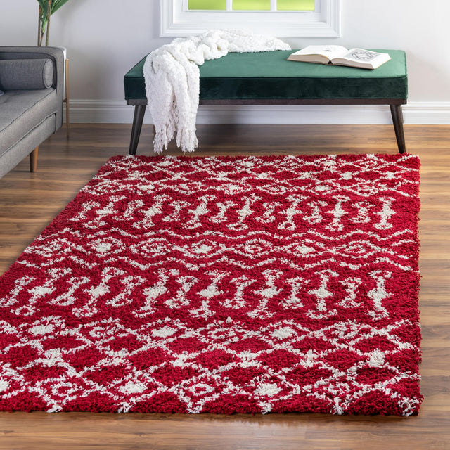Burgundy Red 5' 3 x 8' Moroccan Trellis Shag Rectangle Area Rug Thick Soft Touch Fluffy & Plush Shaggy Pile 100% Polypropylene Geometric Traditional Carpet for Sale at Rug Engine