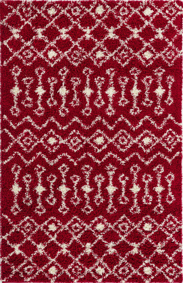 Burgundy Red 5' 3 x 8' Moroccan Trellis Shag Rectangle Area Rug Thick Soft Touch Fluffy & Plush Shaggy Pile 100% Polypropylene Geometric Traditional Carpet for Sale at Rug Engine