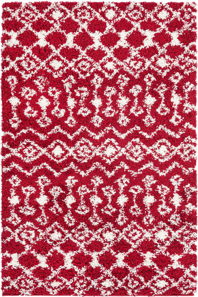 Burgundy Red 4' 1 x 6' 1 Moroccan Trellis Shag Rectangle Area Rug Thick Soft Touch Fluffy & Plush Shaggy Pile 100% Polypropylene Geometric Traditional Carpet for Sale at Rug Engine