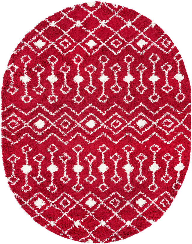 Burgundy Red 7' 10 x 10' Moroccan Trellis Shag Oval Area Rug Thick Soft Touch Fluffy & Plush Shaggy Pile 100% Polypropylene Geometric Traditional Carpet for Sale at Rug Engine