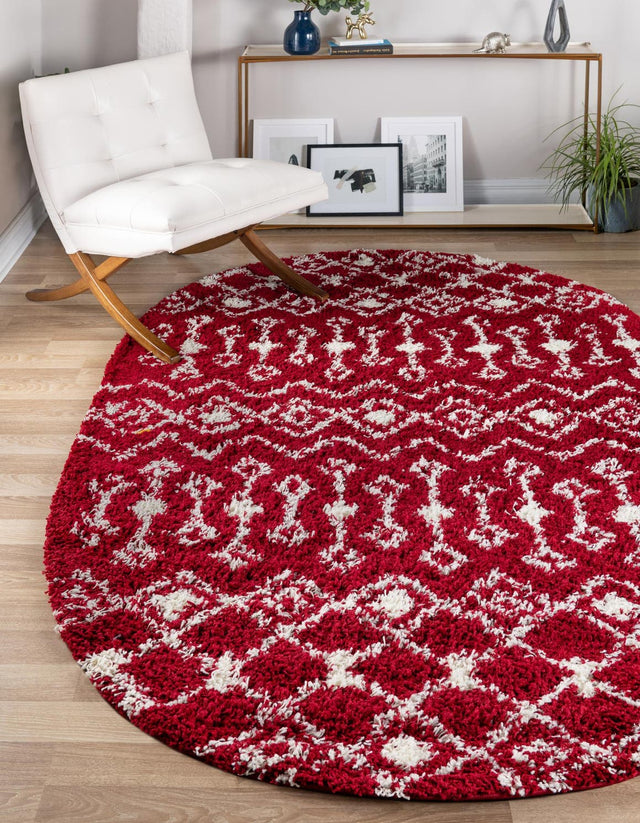 Burgundy Red 5' 3 x 8' Moroccan Trellis Shag Oval Area Rug Thick Soft Touch Fluffy & Plush Shaggy Pile 100% Polypropylene Geometric Traditional Carpet for Sale at Rug Engine
