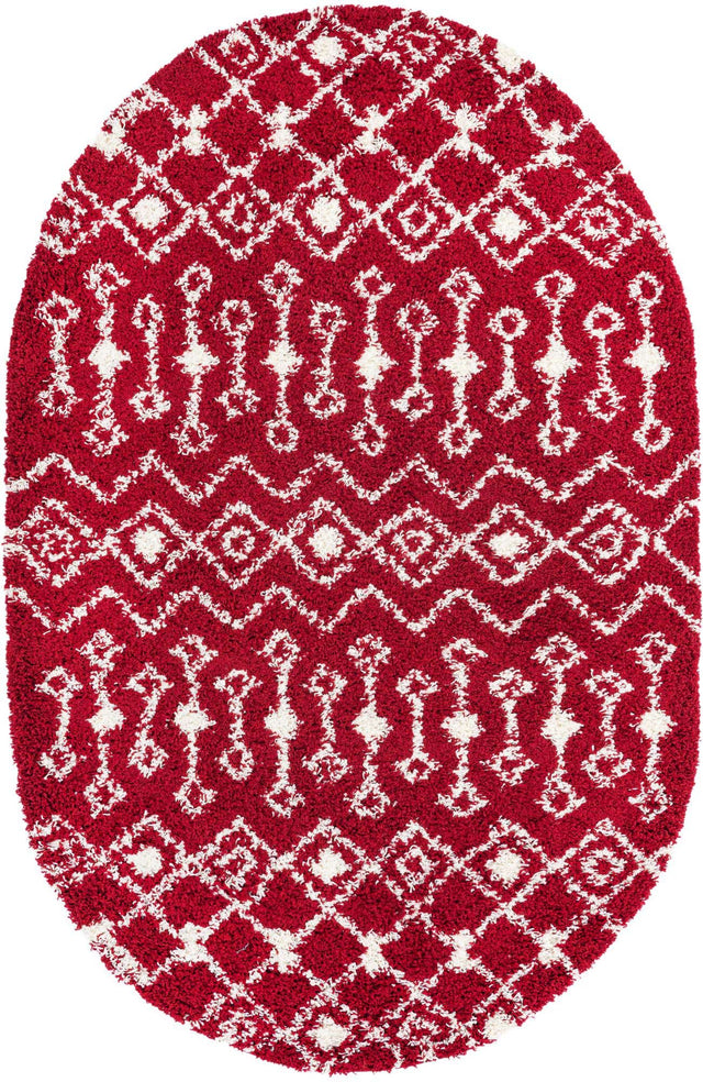 Burgundy Red 5' 3 x 8' Moroccan Trellis Shag Oval Area Rug Thick Soft Touch Fluffy & Plush Shaggy Pile 100% Polypropylene Geometric Traditional Carpet for Sale at Rug Engine