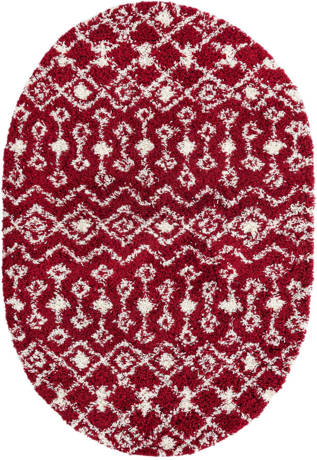 Burgundy Red 4' 1 x 6' 1 Moroccan Trellis Shag Oval Area Rug Thick Soft Touch Fluffy & Plush Shaggy Pile 100% Polypropylene Geometric Traditional Carpet for Sale at Rug Engine
