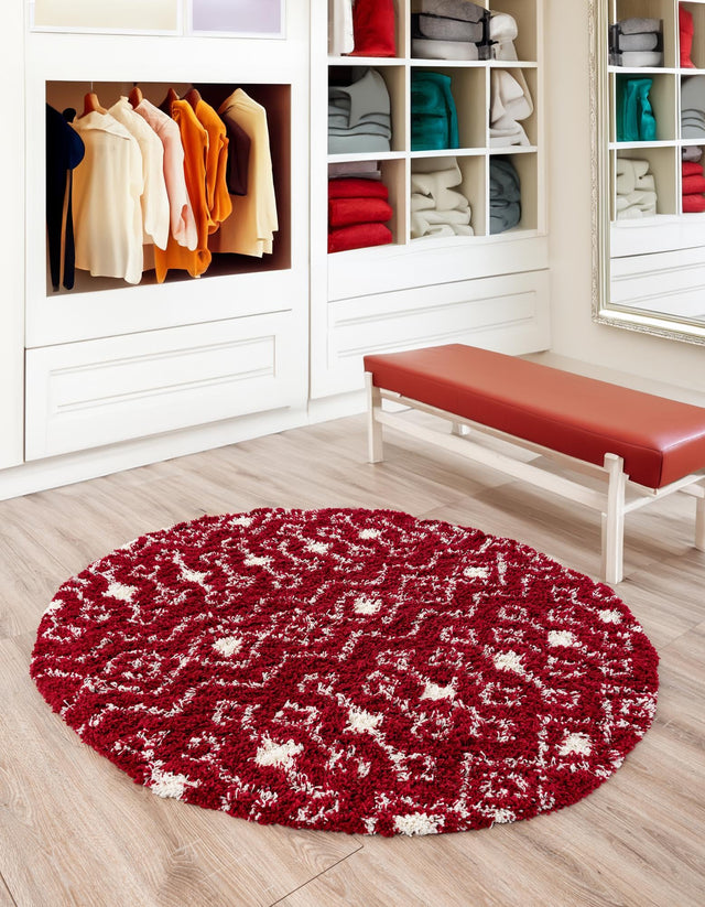 Burgundy Red 6' 1 x 6' 1 Moroccan Trellis Shag Round Area Rug Thick Soft Touch Fluffy & Plush Shaggy Pile 100% Polypropylene Geometric Traditional Carpet for Sale at Rug Engine